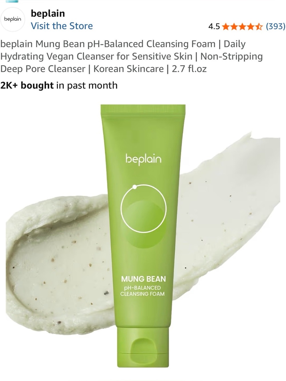 NWT beplain mung bean p-H balanced foaming cleanser (2.7fl oz)